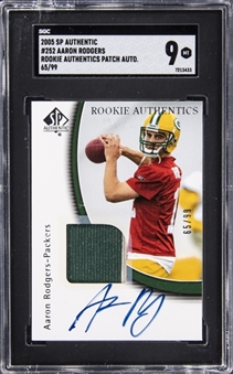 2005 UD SP Authentic "Rookie Authentics Patch Autograph" #252 Aaron Rodgers Signed Game Used Patch Rookie Card (#65/99) - SGC MINT 9